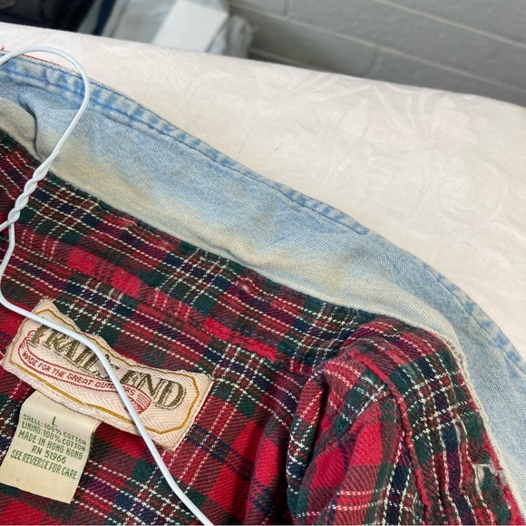 Vintage Flannel Lined Denim Button Up Jean Shirt Shacket Trails End Distressed L - Picture 5 of 11